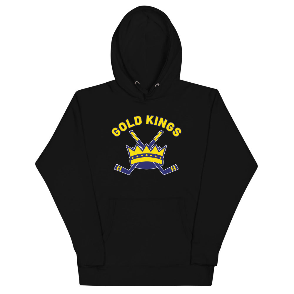 Alaska Gold Kings Hoodie (Premium) with the gold crown with crossed sticks and arched text on the front, view 5