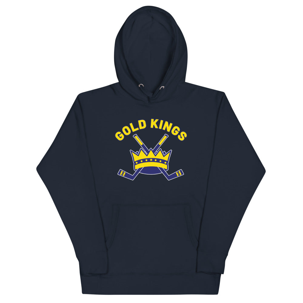 Alaska Gold Kings Hoodie (Premium) with the gold crown with crossed sticks and arched text on the front, view 2
