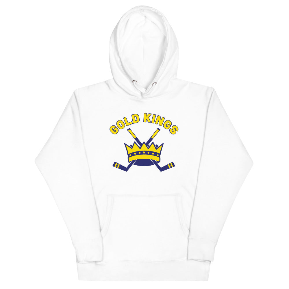 Alaska Gold Kings Hoodie (Premium) with the gold crown with crossed sticks and arched text on the front, view 4