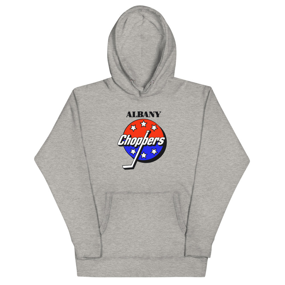 Albany Choppers Hoodie (Premium) with the red, white and blue starred puck with script on the front