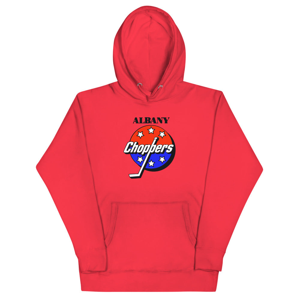 Albany Choppers Hoodie (Premium) with the red, white and blue starred puck with script on the front, view 2