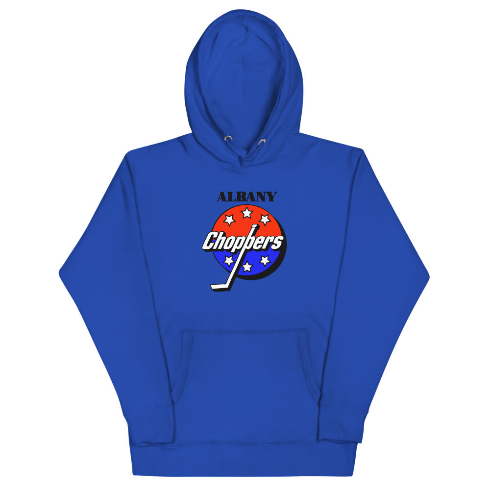 Albany Choppers Hoodie (Premium) with the red, white and blue starred puck with script on the front, view 3