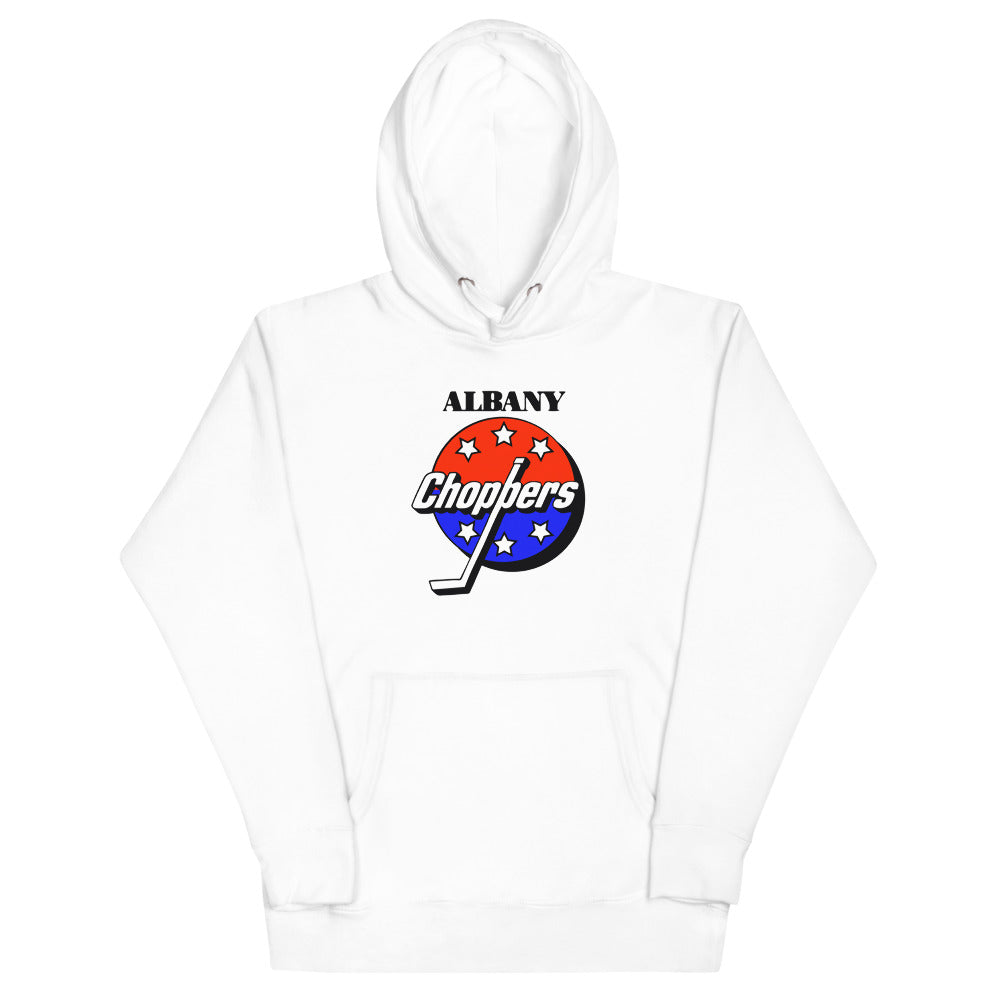 Albany Choppers Hoodie (Premium) with the red, white and blue starred puck with script on the front, view 4