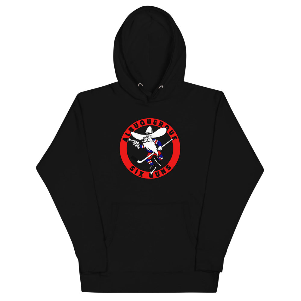 Albuquerque Six Guns Premium Hoodie with the red ring logo of a cowboy with six-guns on the front, view 2