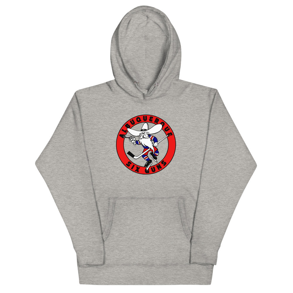 Albuquerque Six Guns Premium Hoodie with the red ring logo of a cowboy with six-guns on the front, view 3