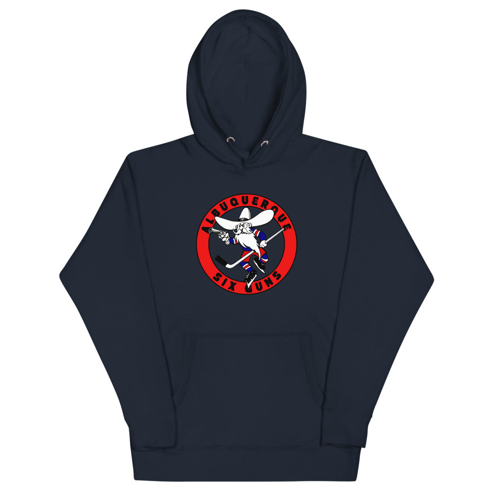 Albuquerque Six Guns Premium Hoodie with the red ring logo of a cowboy with six-guns on the front, view 4