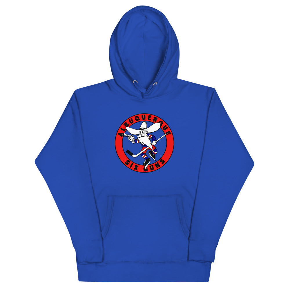 Albuquerque Six Guns Premium Hoodie with the red ring logo of a cowboy with six-guns on the front