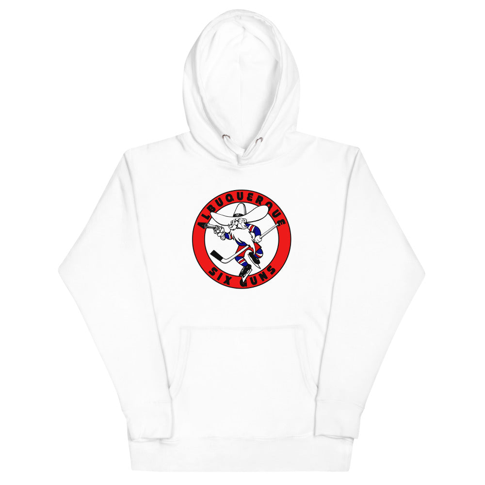 Albuquerque Six Guns Premium Hoodie with the red ring logo of a cowboy with six-guns on the front, view 5