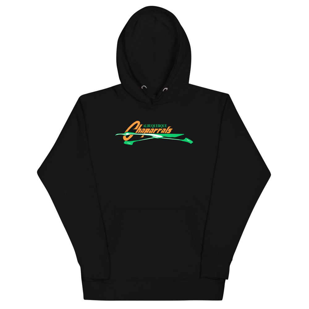 Albuquerque Chaparrals Hoodie (Premium) with the orange script with a green roadrunner streak on the front, view 2