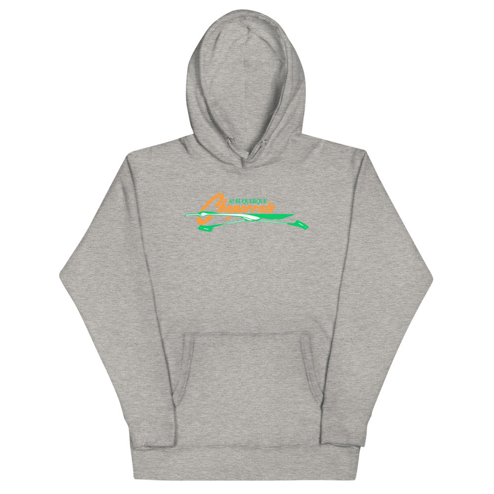 Albuquerque Chaparrals Hoodie (Premium) with the orange script with a green roadrunner streak on the front, view 3