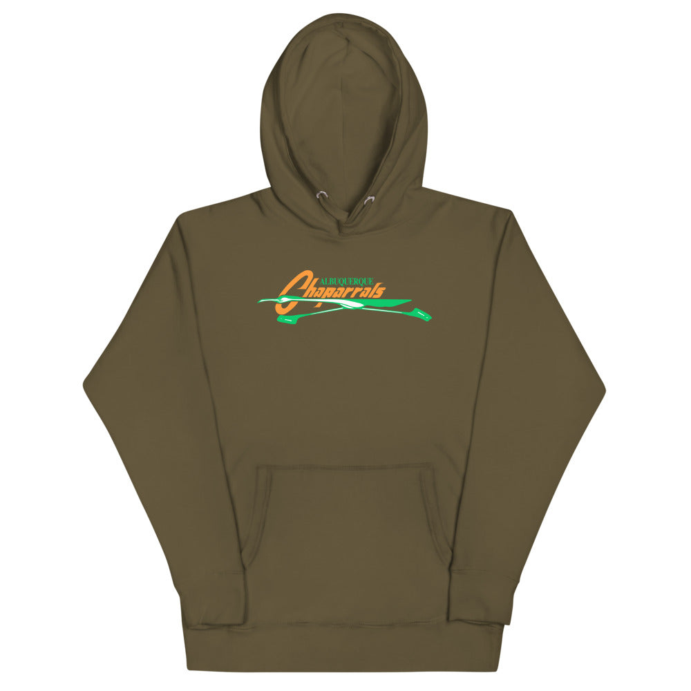 Albuquerque Chaparrals Hoodie (Premium) with the orange script with a green roadrunner streak on the front
