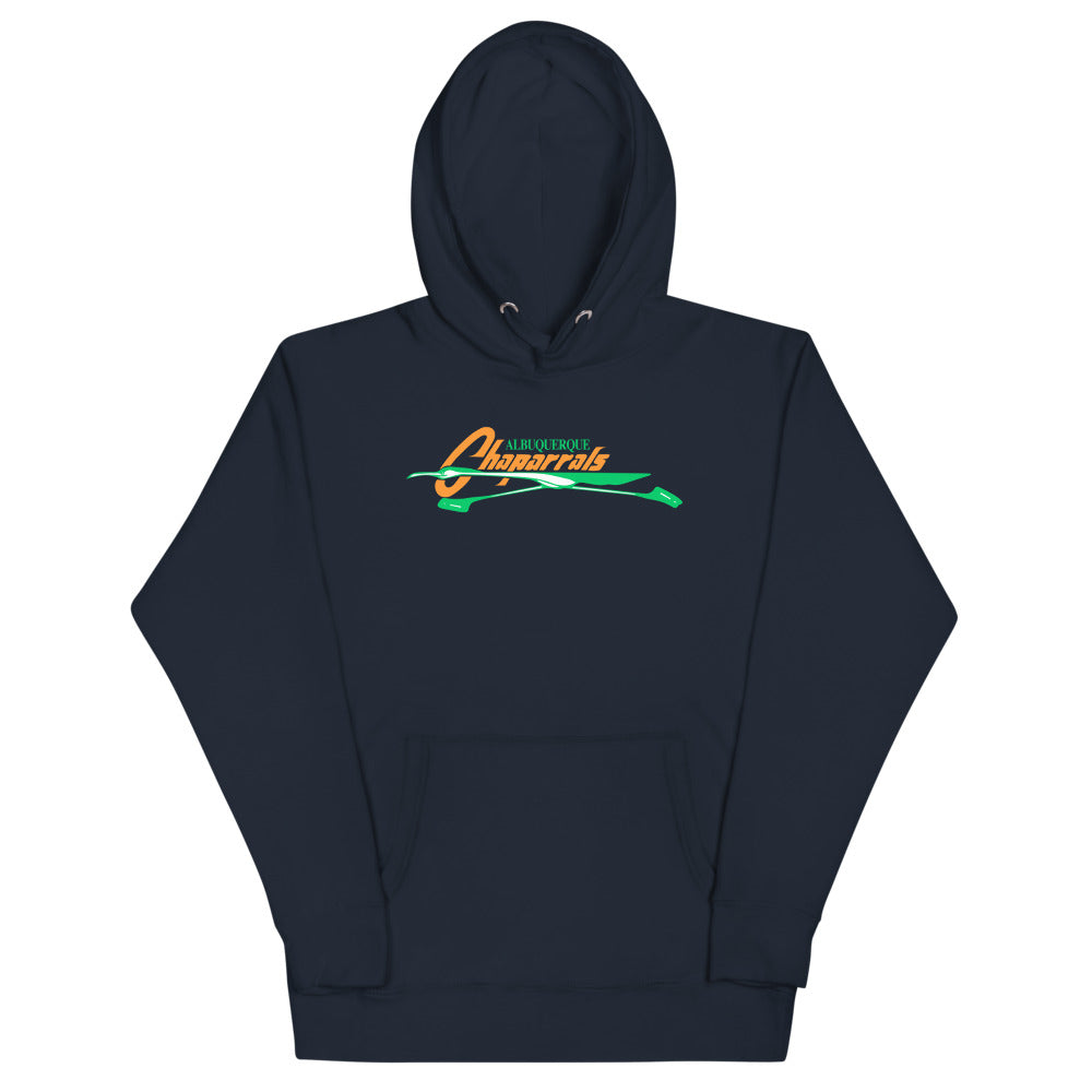 Albuquerque Chaparrals Hoodie (Premium) with the orange script with a green roadrunner streak on the front, view 4