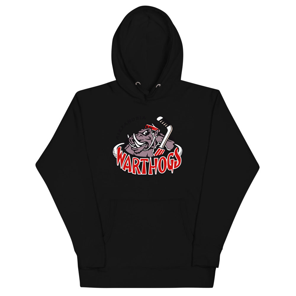 Alexandria Warthogs Hoodie (Premium) with the grey warthog mascot over red lettering on the front, view 2