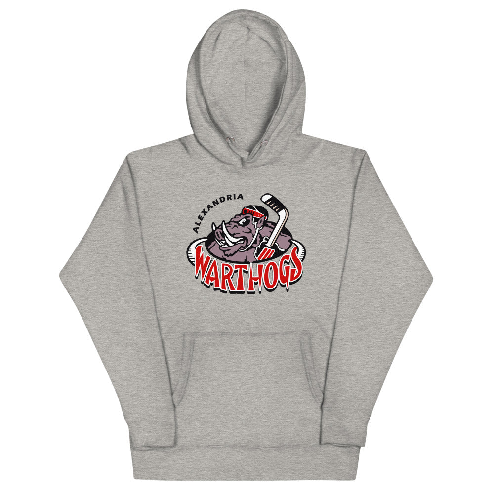 Alexandria Warthogs Hoodie (Premium) with the grey warthog mascot over red lettering on the front