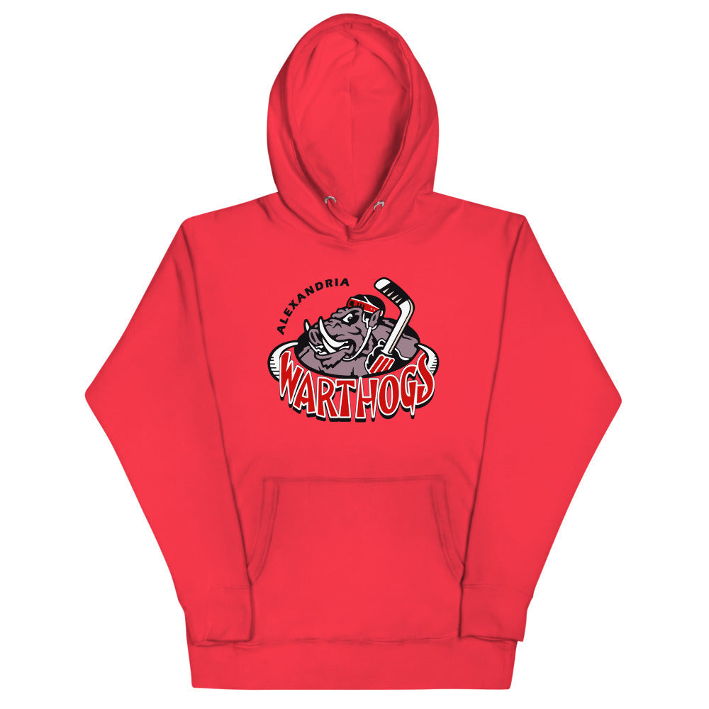 Alexandria Warthogs Hoodie (Premium) with the grey warthog mascot over red lettering on the front, view 3