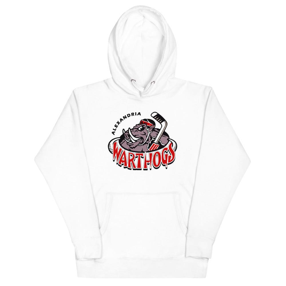 Alexandria Warthogs Hoodie (Premium) with the grey warthog mascot over red lettering on the front, view 4