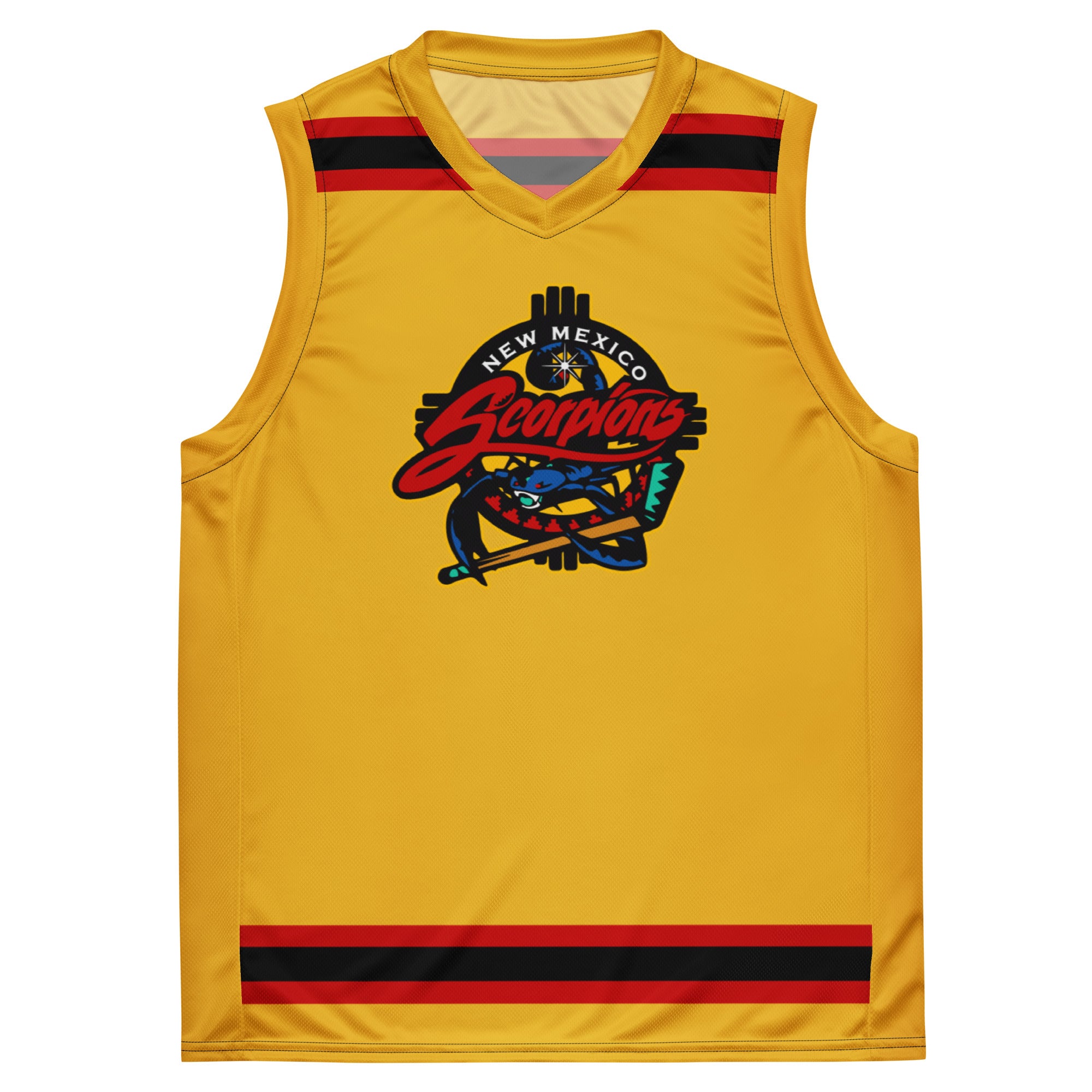 New Mexico Scorpions 1990s Tank Top in gold with red and black stripes and the red Scorpions script over a scorpion and sun logo on the front
