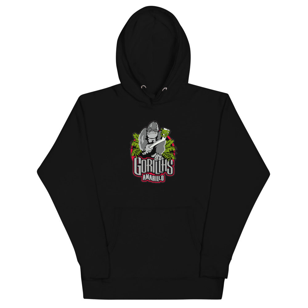 Amarillo Gorillas Hoodie (Premium) with the gorilla mascot over red and silver lettering on the front