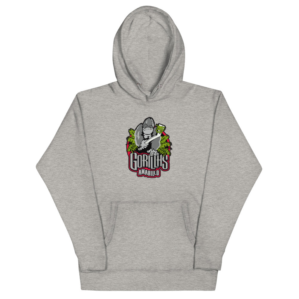 Amarillo Gorillas Hoodie (Premium) with the gorilla mascot over red and silver lettering on the front, view 2