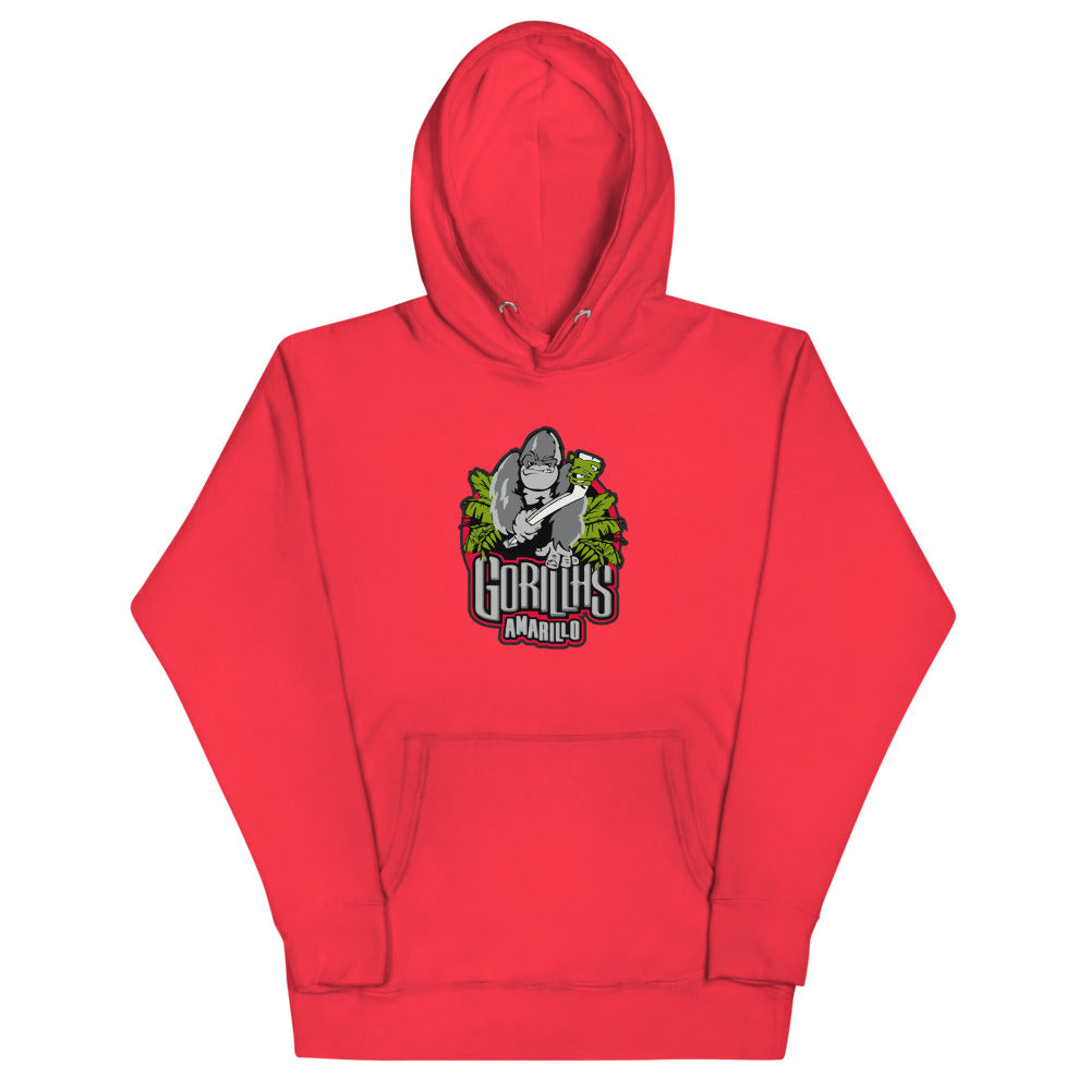 Amarillo Gorillas Hoodie (Premium) with the gorilla mascot over red and silver lettering on the front, view 3