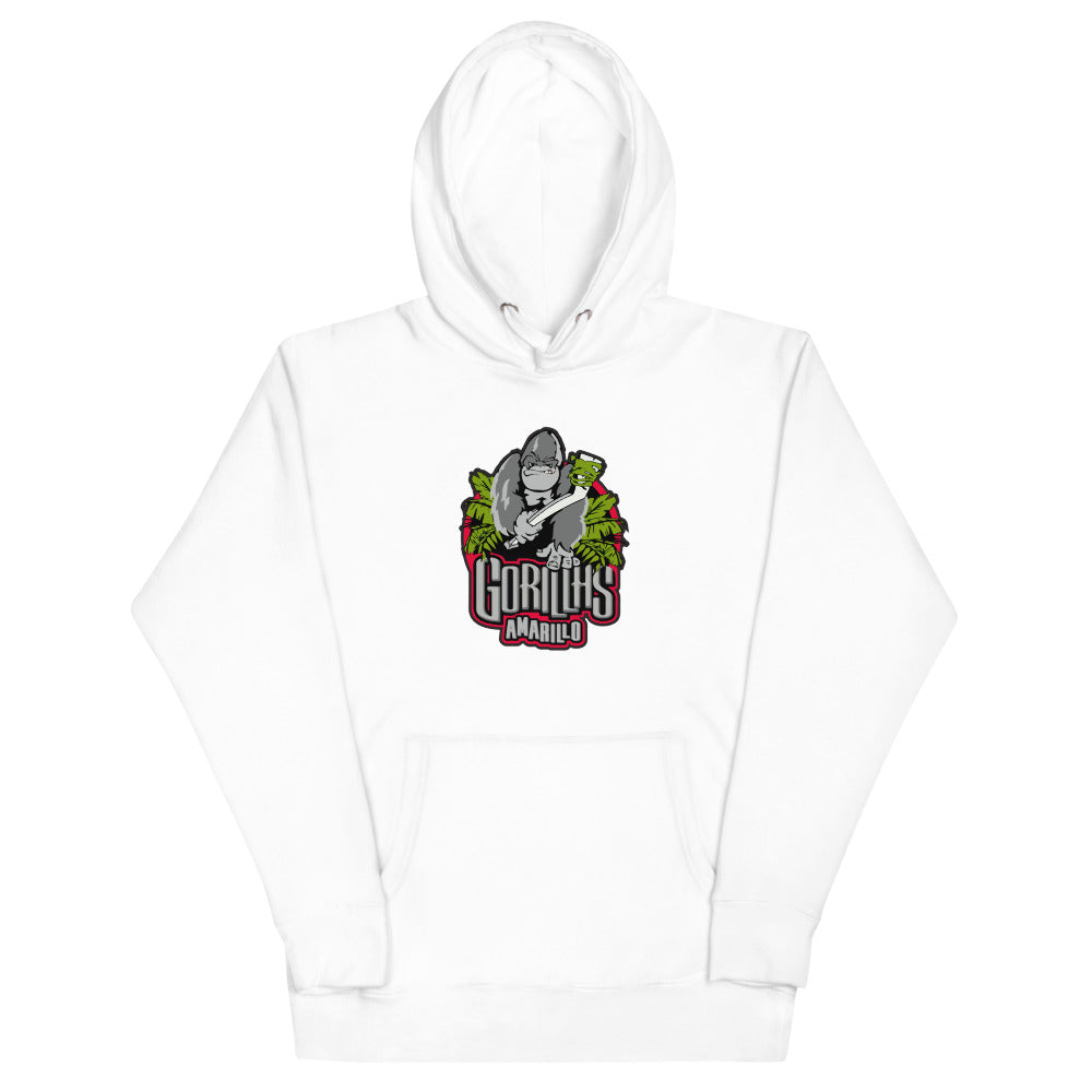 Amarillo Gorillas Hoodie (Premium) with the gorilla mascot over red and silver lettering on the front, view 4