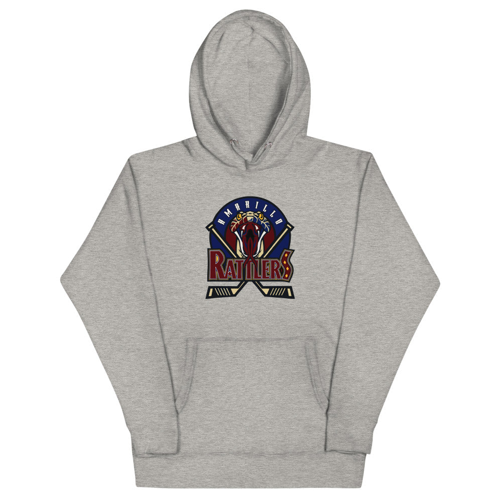 Amarillo Rattlers Hoodie (Premium) with the snake mascot shield with crossed sticks on the front