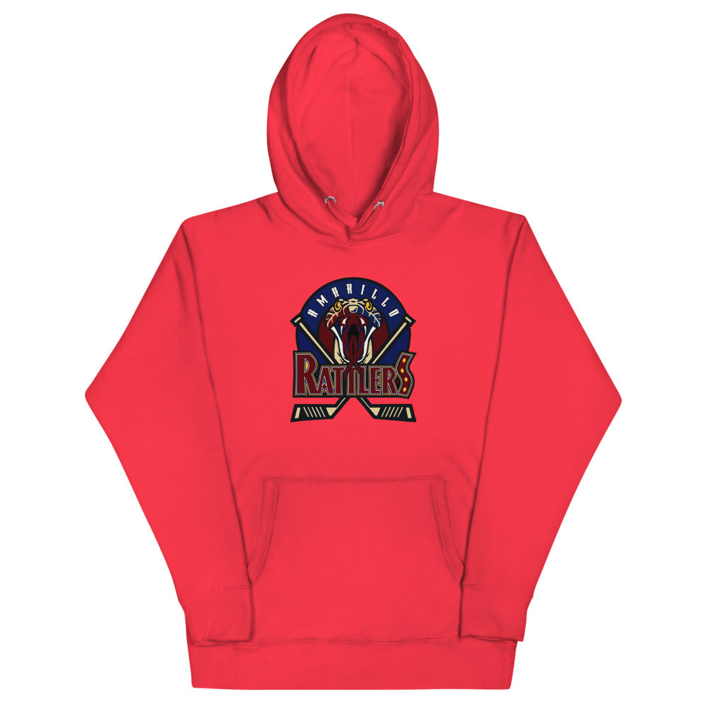 Amarillo Rattlers Hoodie (Premium) with the snake mascot shield with crossed sticks on the front, view 2