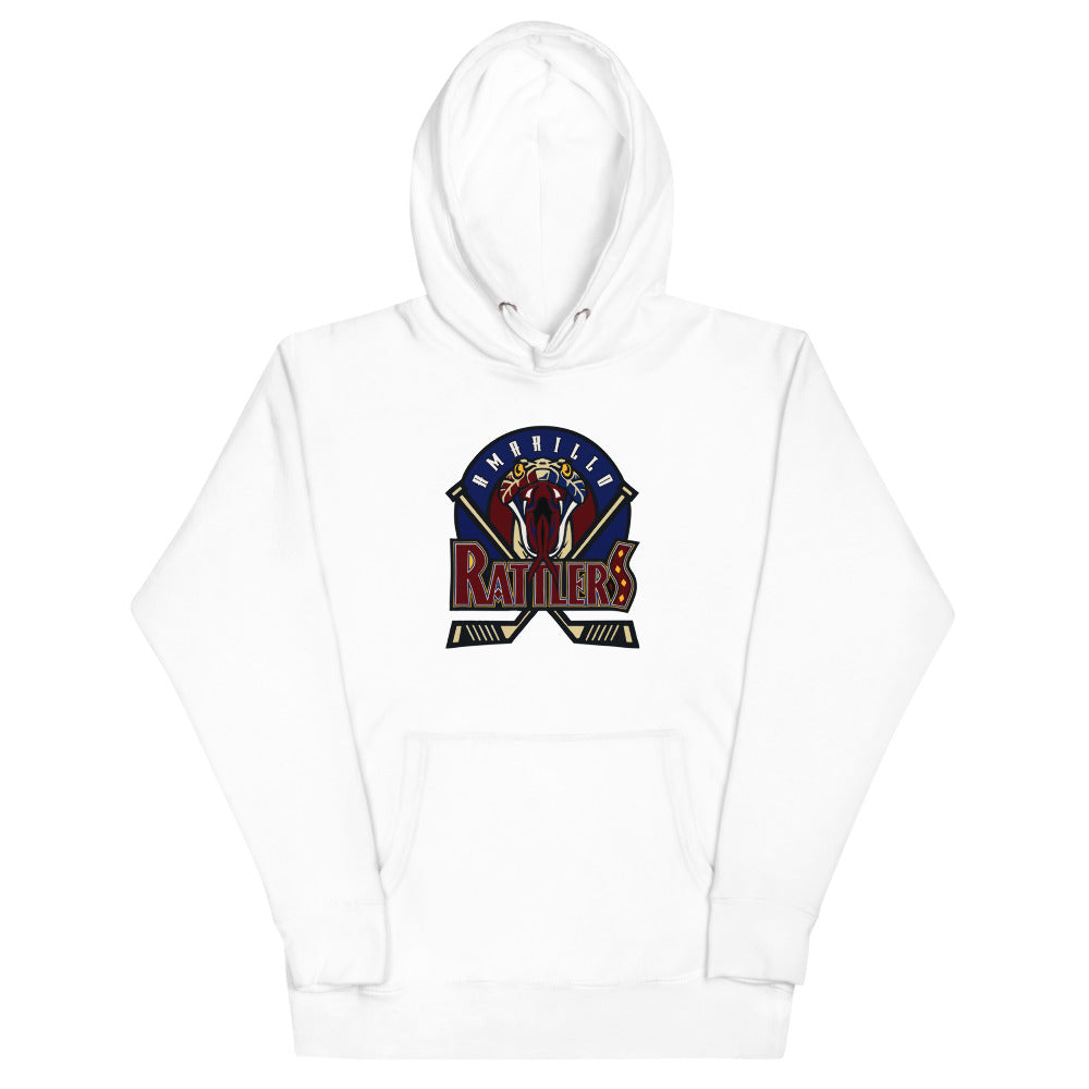Amarillo Rattlers Hoodie (Premium) with the snake mascot shield with crossed sticks on the front, view 3