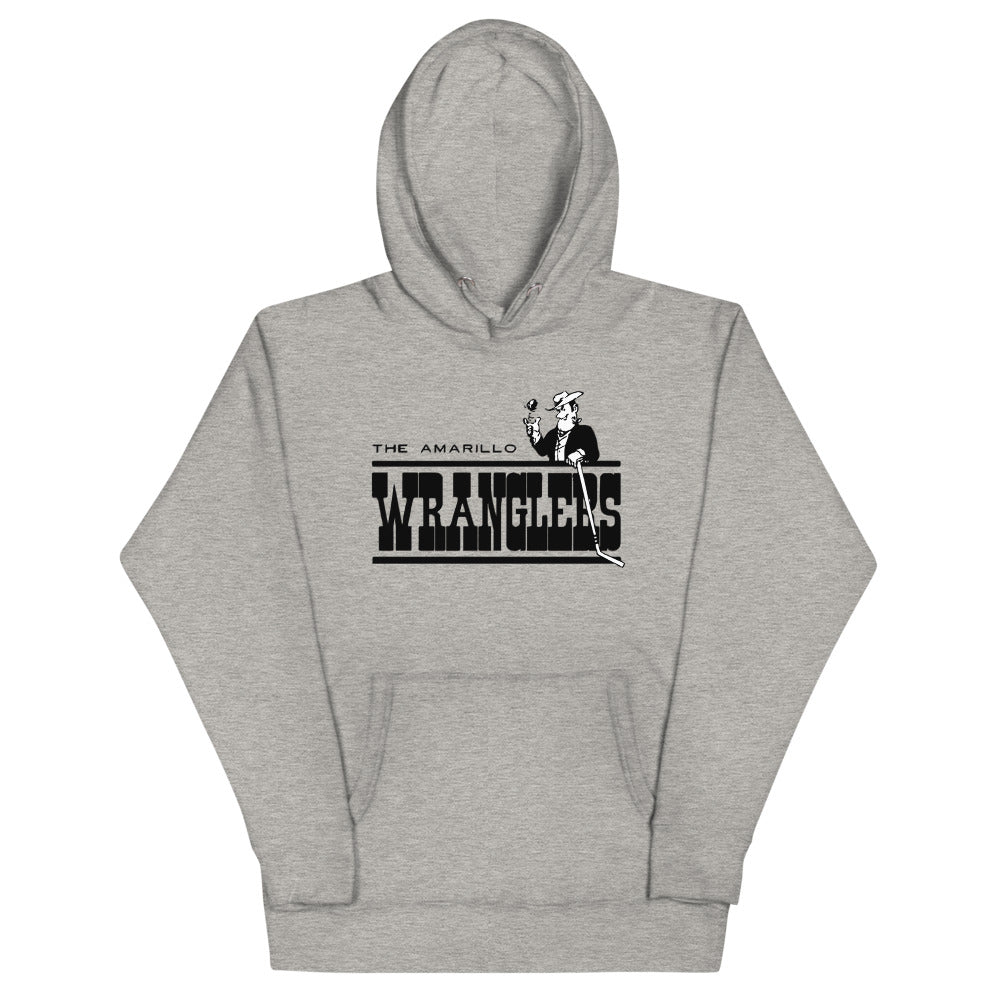 Amarillo Wranglers Cowboy Hoodie (Premium) with the cowboy mascot over a black block wordmark on the front