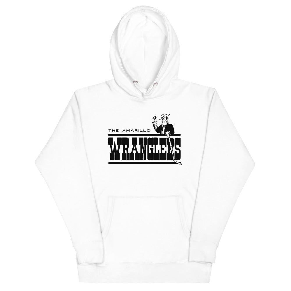 Amarillo Wranglers Cowboy Hoodie (Premium) with the cowboy mascot over a black block wordmark on the front, view 2