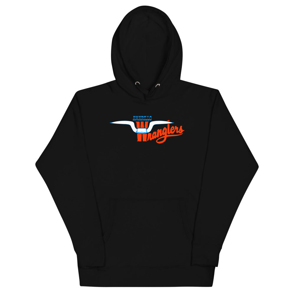 Amarillo Wranglers Horns Hoodie (Premium) with the white steer horns and orange script on the front, view 2
