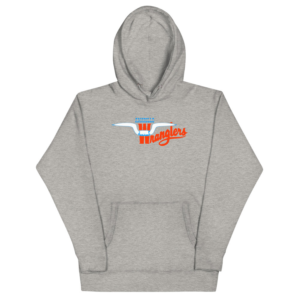 Amarillo Wranglers Horns Hoodie (Premium) with the white steer horns and orange script on the front, view 3
