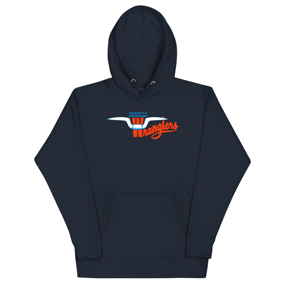 Amarillo Wranglers Horns Hoodie (Premium) with the white steer horns and orange script on the front