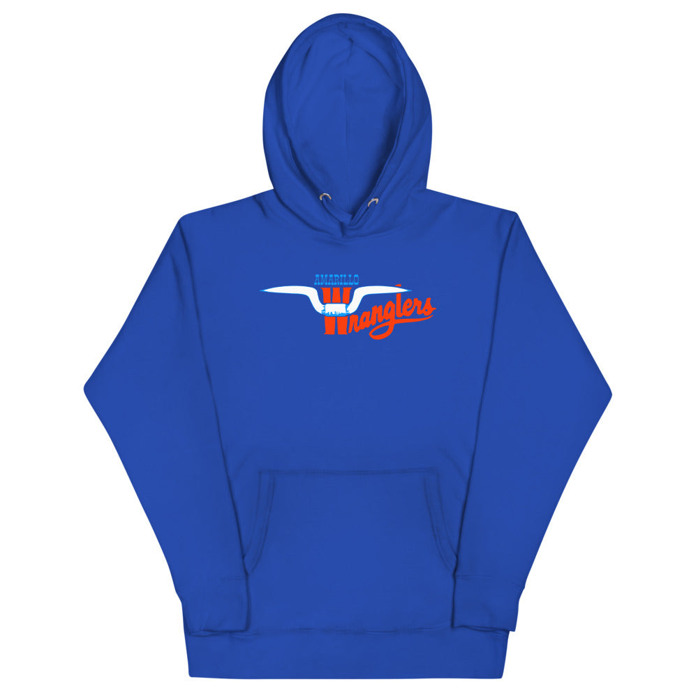 Amarillo Wranglers Horns Hoodie (Premium) with the white steer horns and orange script on the front, view 4