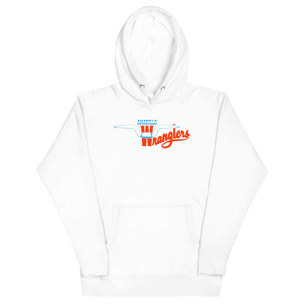 Amarillo Wranglers Horns Hoodie (Premium) with the white steer horns and orange script on the front, view 5