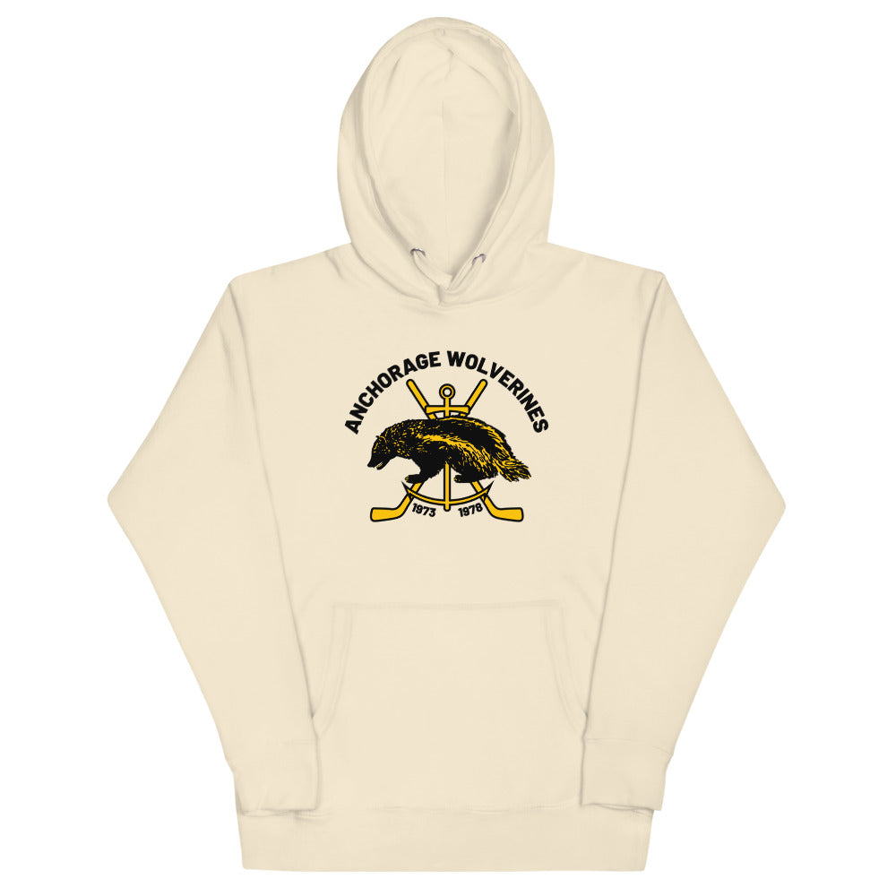 Anchorage Wolverines Hoodie (Premium) with the wolverine over crossed sticks with arched text on the front, view 2
