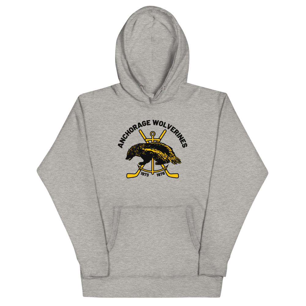 Anchorage Wolverines Hoodie (Premium) with the wolverine over crossed sticks with arched text on the front
