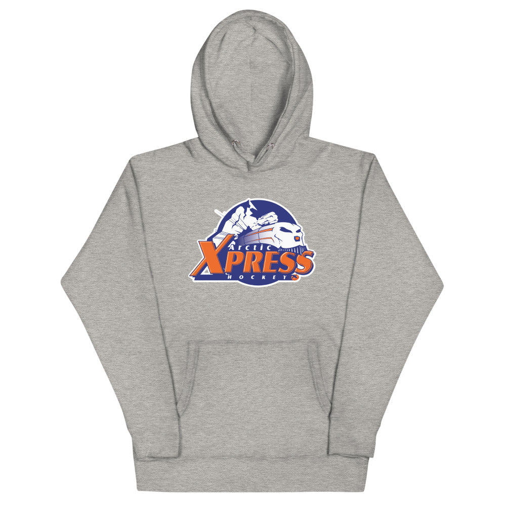 Arctic Xpress Hoodie (Premium) with the orange speed wordmark with a mountain and train on the front, view 2