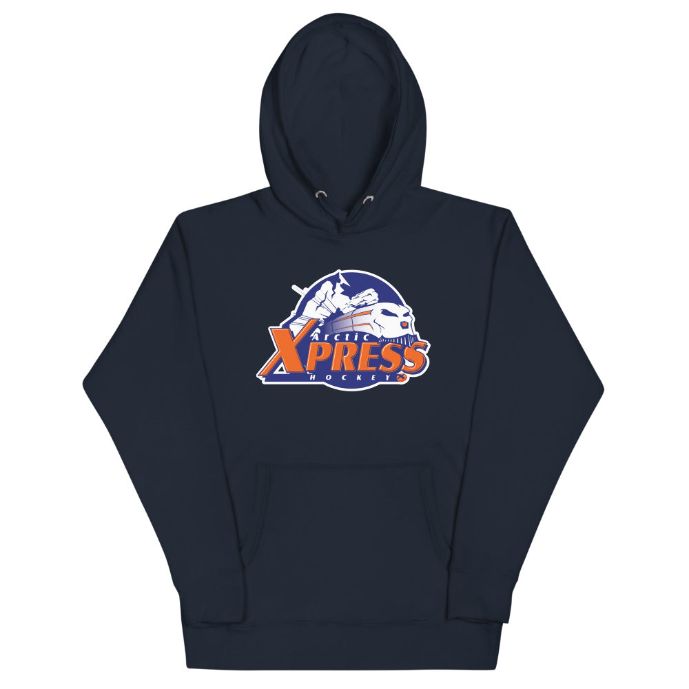 Arctic Xpress Hoodie (Premium) with the orange speed wordmark with a mountain and train on the front, view 3