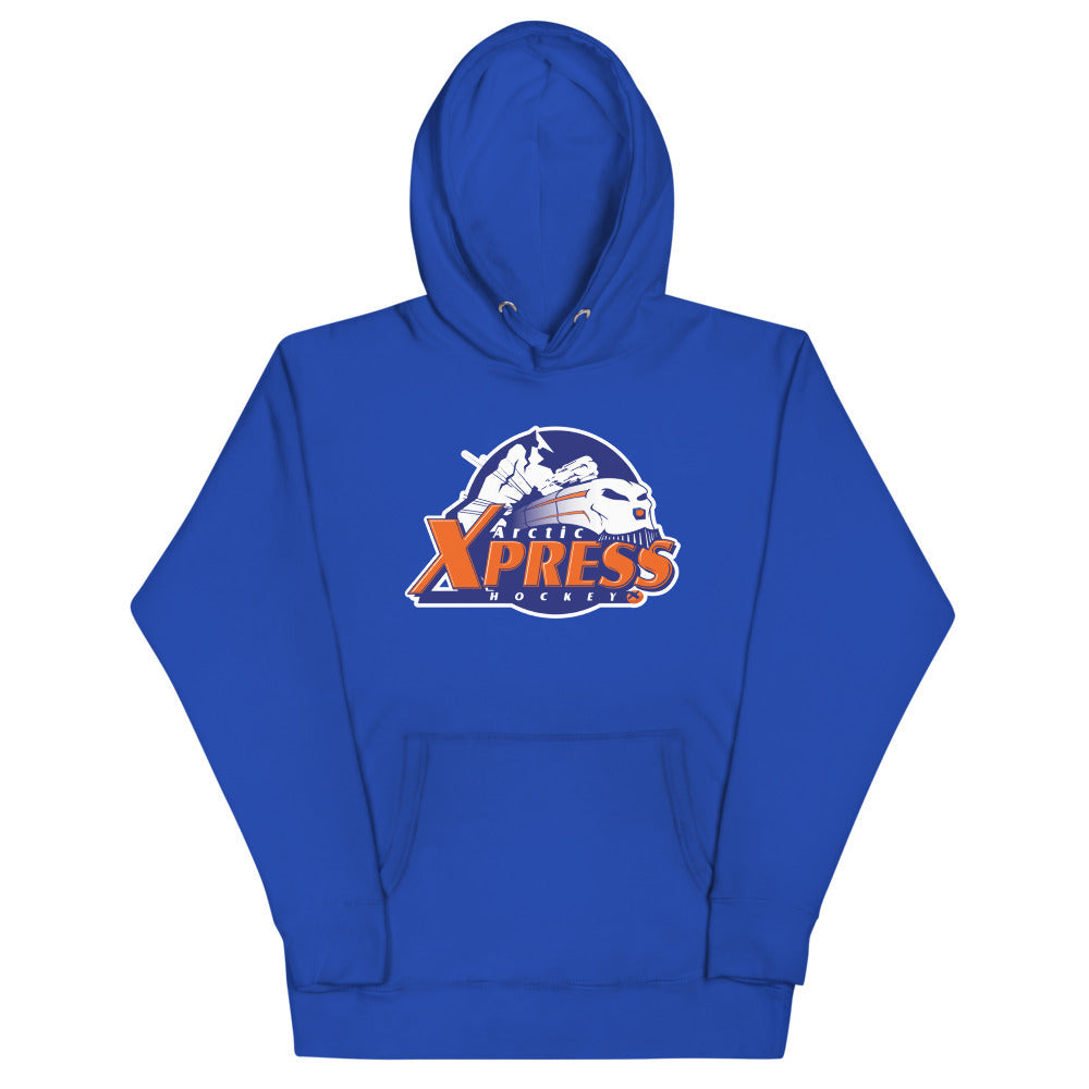 Arctic Xpress Hoodie (Premium) with the orange speed wordmark with a mountain and train on the front