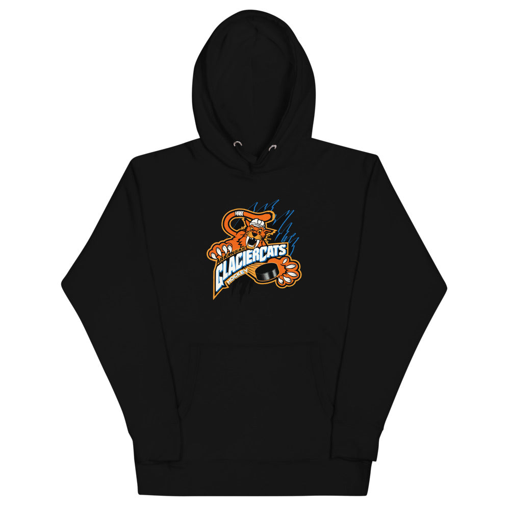 Arkansas Glaciercats Hoodie (Premium) with the orange sabre-tooth cat over a slanted wordmark on the front, view 2