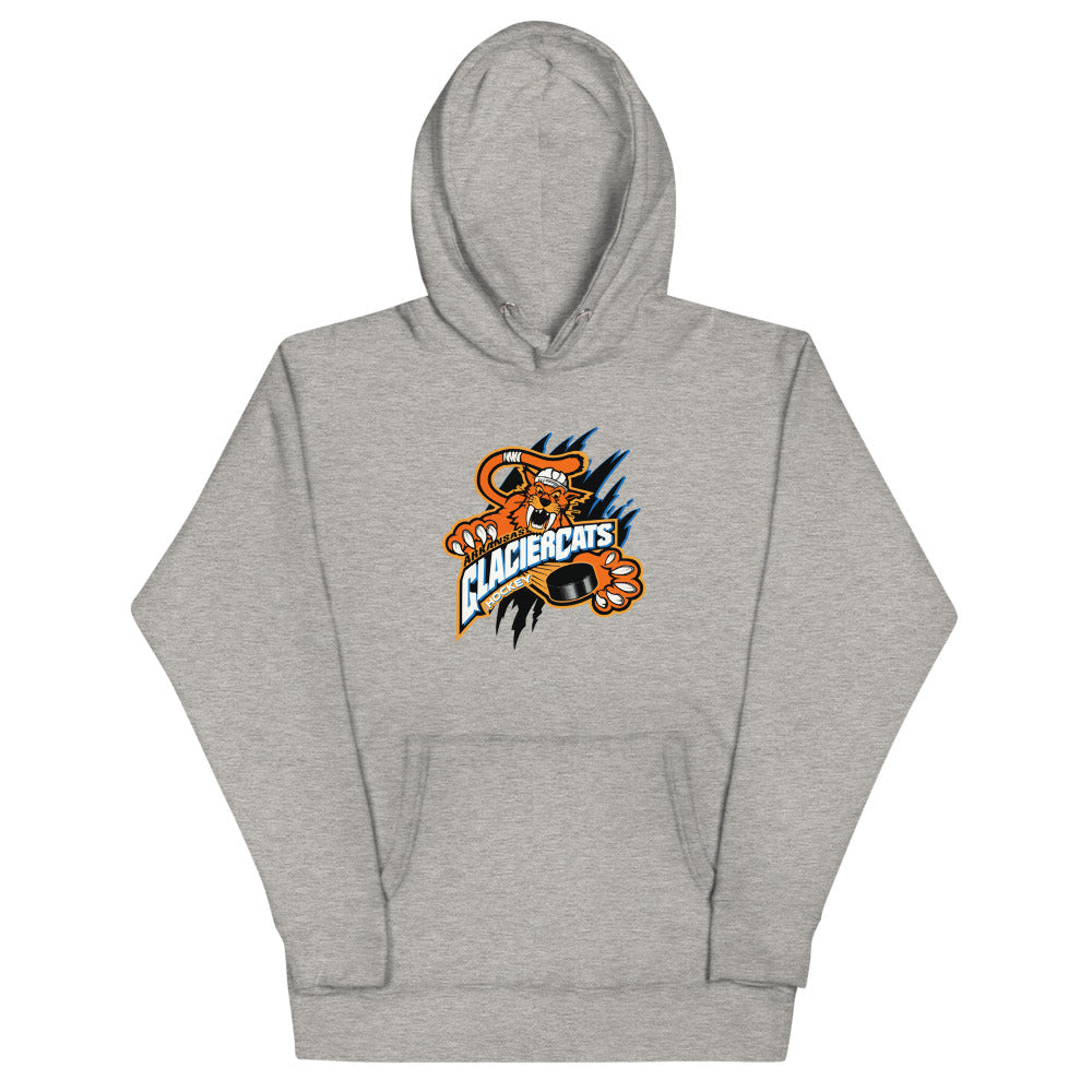 Arkansas Glaciercats Hoodie (Premium) with the orange sabre-tooth cat over a slanted wordmark on the front, view 3