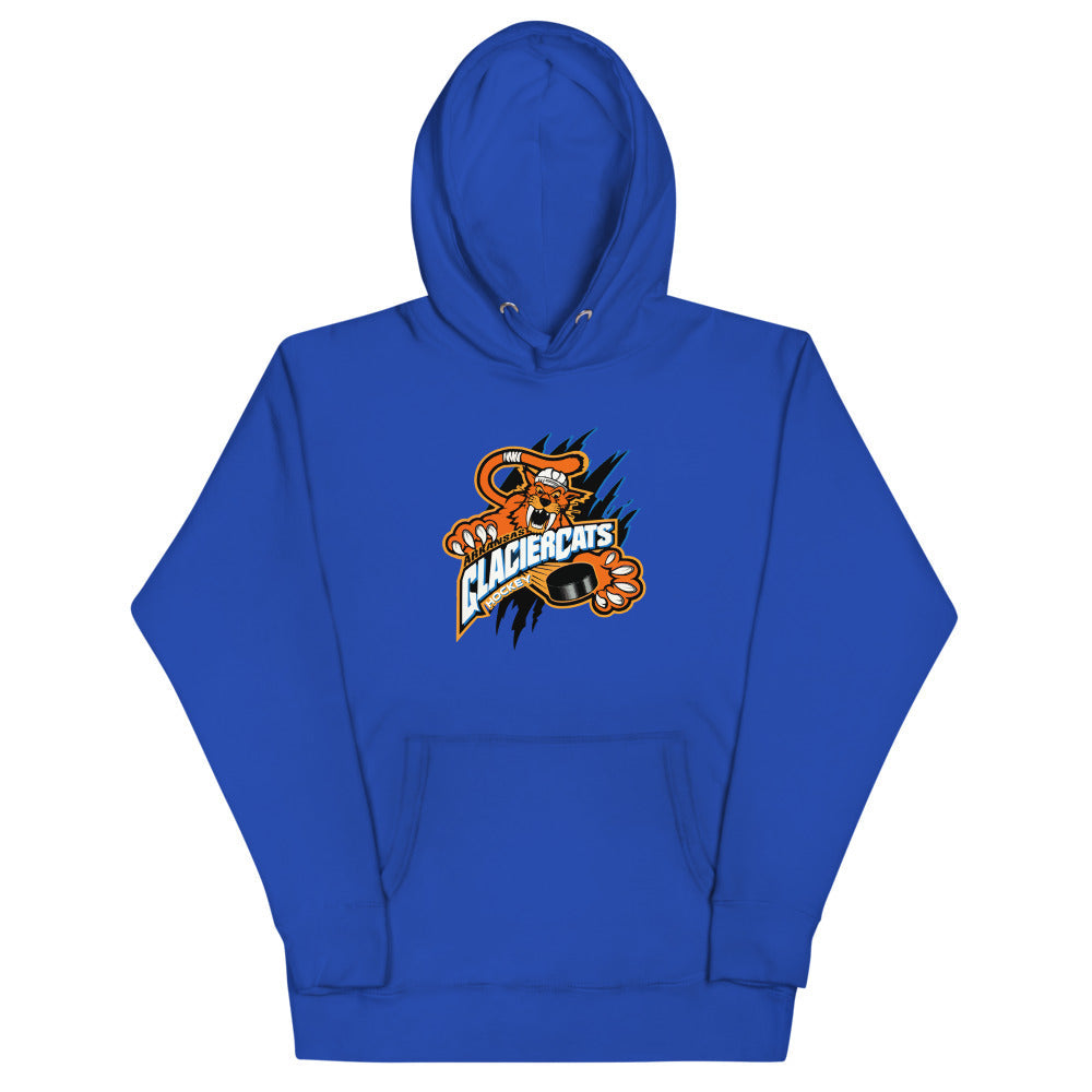 Arkansas Glaciercats Hoodie (Premium) with the orange sabre-tooth cat over a slanted wordmark on the front