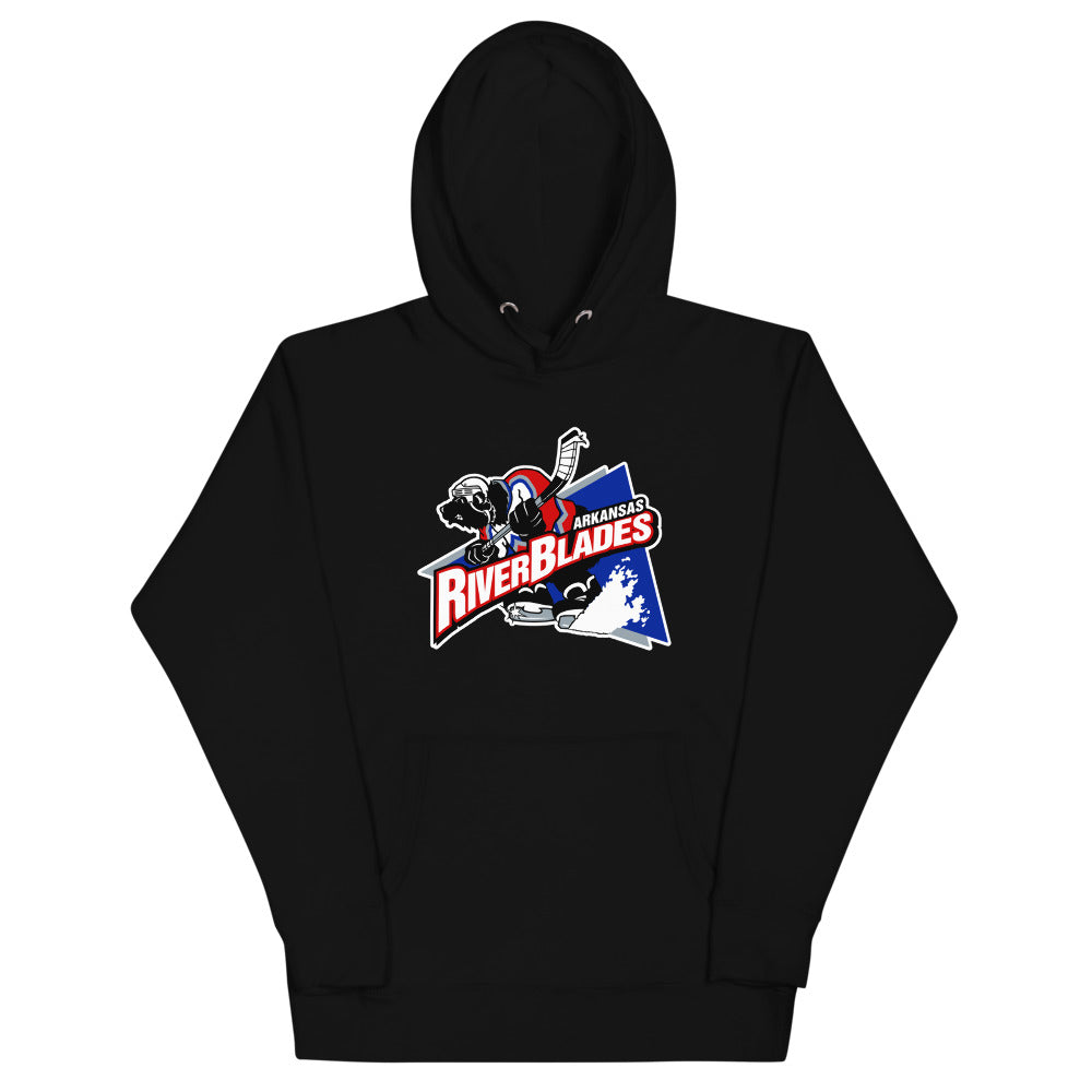 Arkansas Riverblades Hoodie (Premium) with the skater mascot over a red slanted wordmark on the front, view 2