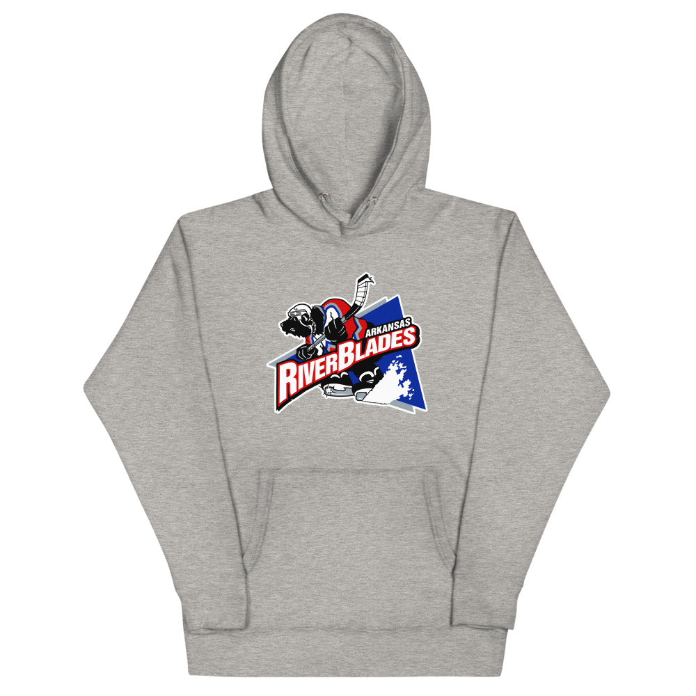 Arkansas Riverblades Hoodie (Premium) with the skater mascot over a red slanted wordmark on the front, view 3