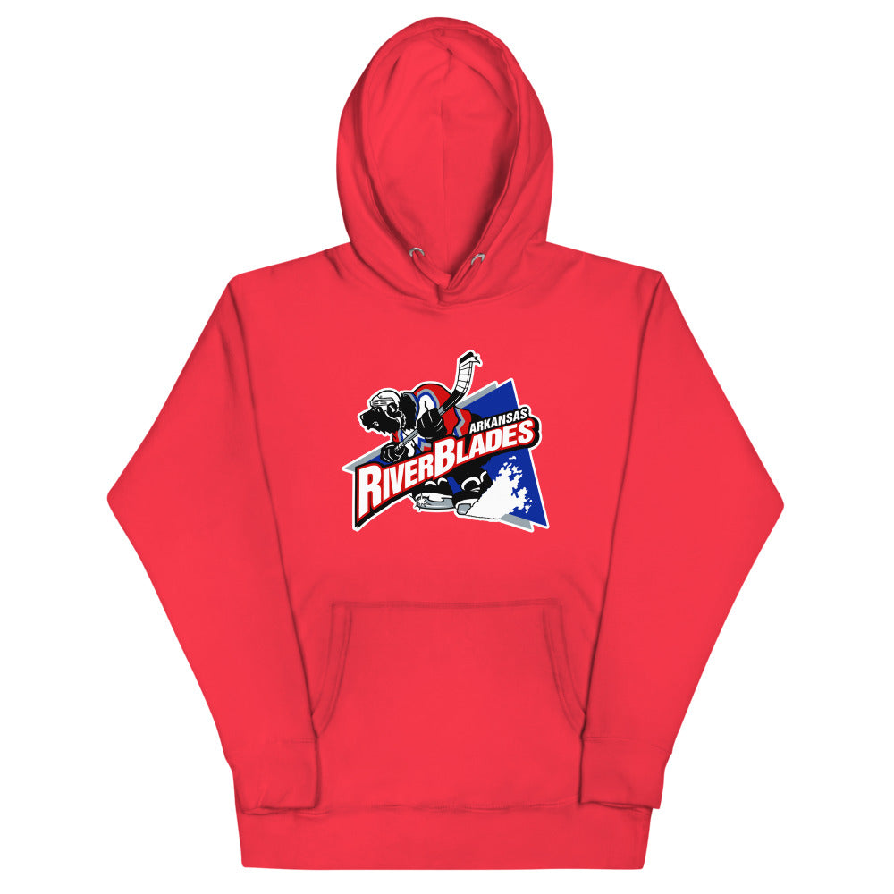 Arkansas Riverblades Hoodie (Premium) with the skater mascot over a red slanted wordmark on the front, view 4
