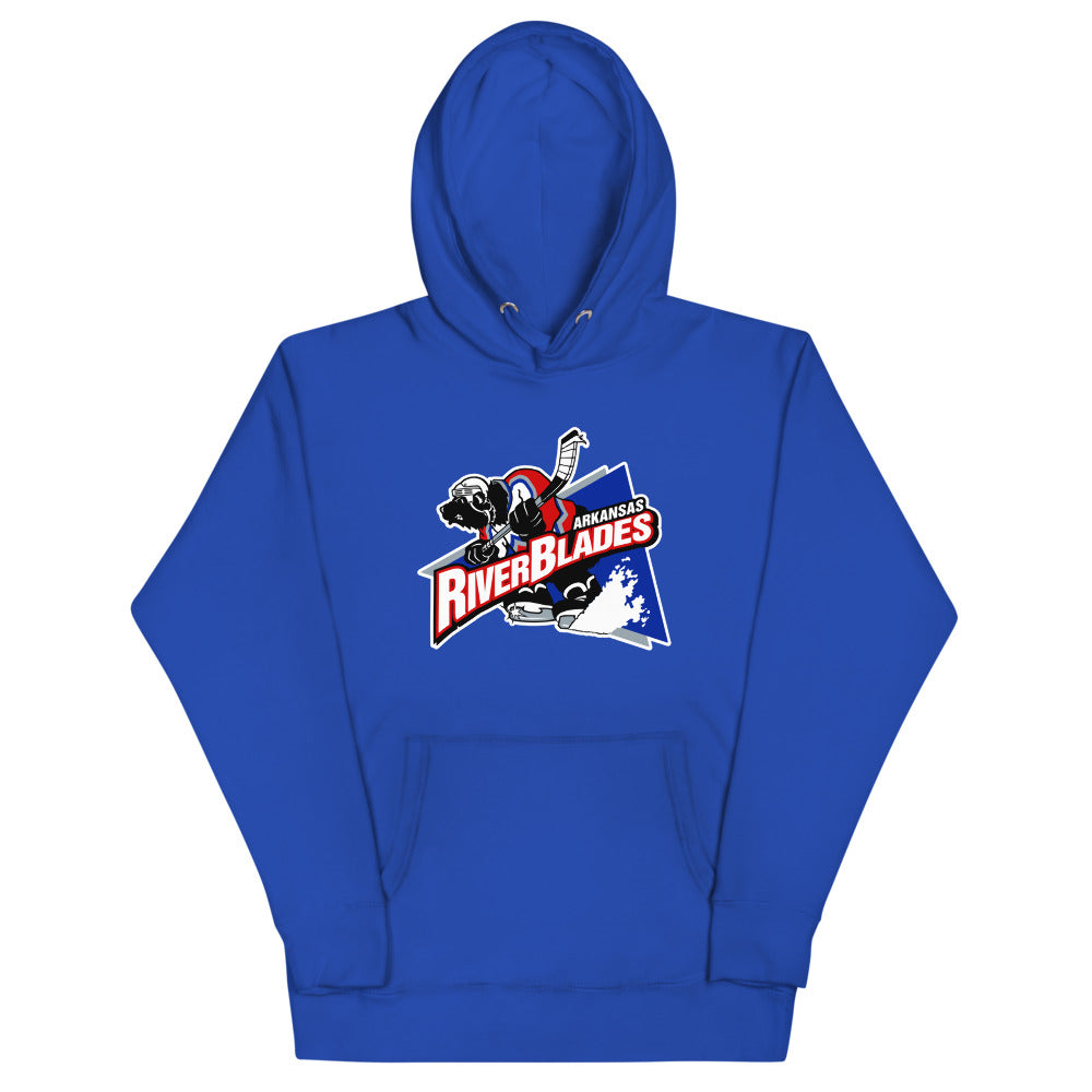 Arkansas Riverblades Hoodie (Premium) with the skater mascot over a red slanted wordmark on the front