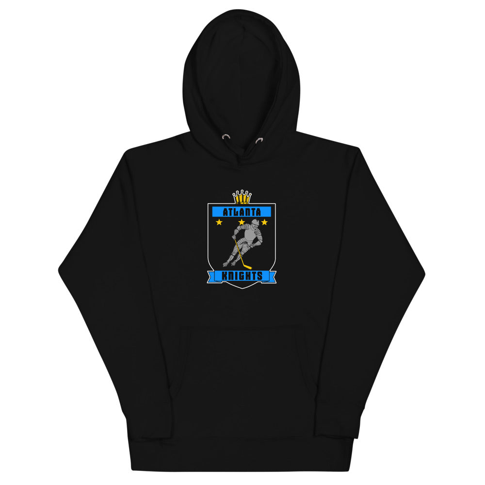 Atlanta Knights Hoodie (Premium) with the crowned shield with a skater in blue banners on the front