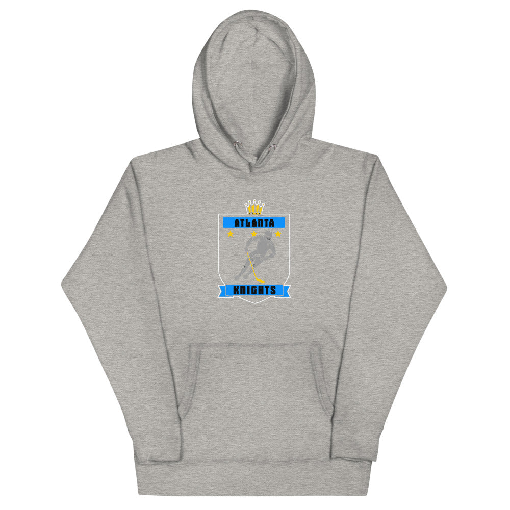 Atlanta Knights Hoodie (Premium) with the crowned shield with a skater in blue banners on the front, view 3