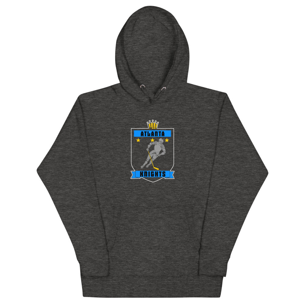 Atlanta Knights Hoodie (Premium) with the crowned shield with a skater in blue banners on the front, view 2